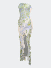 Green Leavy Print Bandeau Maxi Dress