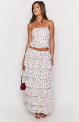 White Floral Ruffle Maxi Skirt