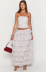 White Floral Ruffle Maxi Skirt