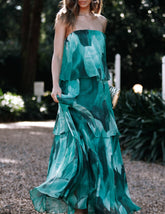 Green Leavy Print Strapless Tiered Maxi Dress