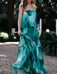 Green Leavy Print Strapless Tiered Maxi Dress