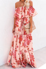 Plus Size Pink Print Off Shoulder Maxi Dress