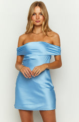 Blue Satin Off the Shoulder Mini Dress