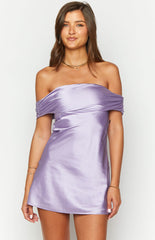 Purple Satin Off the Shoulder Mini Dress