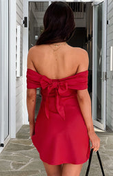 Red Satin Off the Shoulder Mini Dress