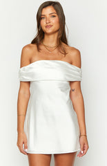 White Satin Off the Shoulder Mini Dress