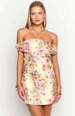 Yellow Floral Off the Shoulder Mini Dress