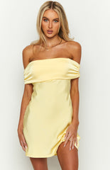 Yellow Satin Off the Shoulder Mini Dress
