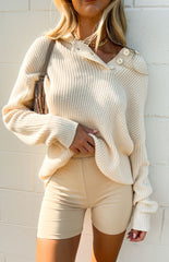Cream Collared Ribbed Knit Sweater