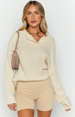 Cream Collared Ribbed Knit Sweater