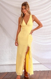 Yellow Plunging High Slit Maxi Dress