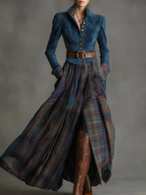 Ethnic Style Blue Faux Suede Plaid Maxi Dress