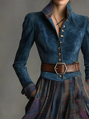 Ethnic Style Blue Faux Suede Plaid Maxi Dress