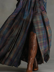 Ethnic Style Blue Faux Suede Plaid Maxi Dress