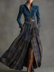 Ethnic Style Blue Faux Suede Plaid Maxi Dress