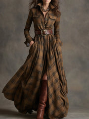 Retro Brown Plaid Long Sleeves Maxi Dress