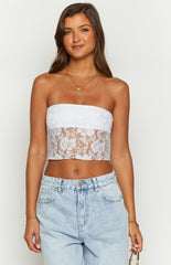 White Lace Strapless Crop Top