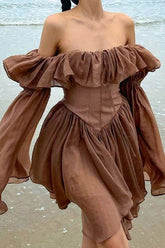 Milk Chocolate Vintage Ruffled Off Shoulder Midi Dress