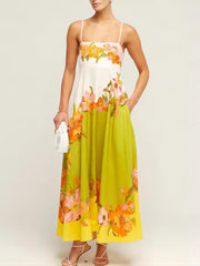 Lime Floral Thin Shoulder Strap Midi Dress