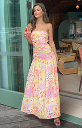 Yellow Floral Print Strapless Maxi Dress