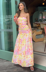 Yellow Floral Print Strapless Maxi Dress