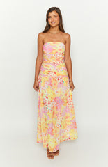 Yellow Floral Print Strapless Maxi Dress