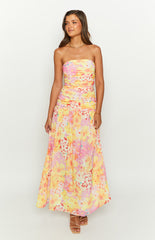 Yellow Floral Print Strapless Maxi Dress