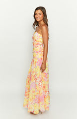 Yellow Floral Print Strapless Maxi Dress