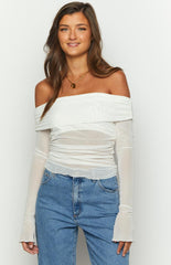 White Mesh Off Shoulder Sheer Top