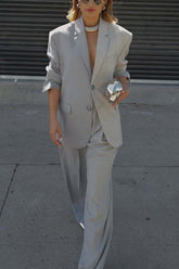 Color Block Boyfriend Blazer and Pocketed Wide Leg Pants Two-Piece Set