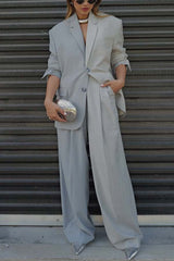 Color Block Boyfriend Blazer and Pocketed Wide Leg Pants Two-Piece Set