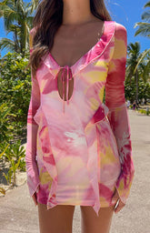 Pink Floral Mesh Long Sleeve Mini Dress