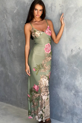 Olive Green Floral Slip Maxi Dress
