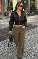 Black Solid Crop Bomber Jacket