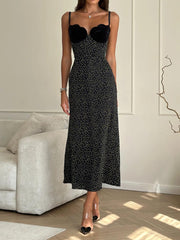 Black Polka Dot Print Slip Midi Dress