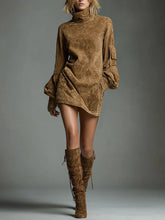 Khaki Loose Suede Turtleneck Mini Dress