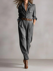 Casual Brown Plaid Tweed Texture Utility Jumpsuit