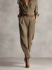 Casual Brown Plaid Tweed Texture Utility Jumpsuit