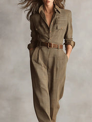 Casual Brown Plaid Tweed Texture Utility Jumpsuit