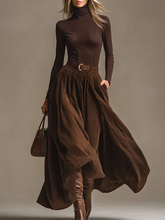 Dark Brown Turtleneck Top And Corduroy Skirt Two Piece Set