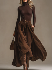 Dark Brown Turtleneck Top And Corduroy Skirt Two Piece Set