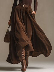 Dark Brown Turtleneck Top And Corduroy Skirt Two Piece Set