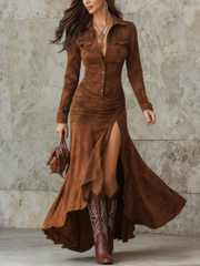 Retro Brown Irregular High Slit Midi Dress