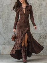 Retro Brown Irregular High Slit Midi Dress