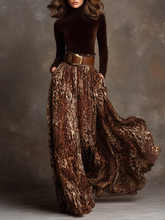 Velvet Turtleneck Top and Leopard Print Skirt Two Peice Set