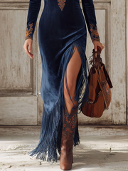 Ethnic Embroidery Faux Suede High Slit Maxi Dress