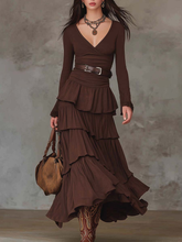 Brown V-neck Multi-Layered Maxi Dress