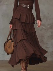 Brown V-neck Multi-Layered Maxi Dress