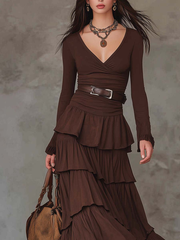 Brown V-neck Multi-Layered Maxi Dress