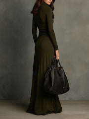 Olive Green Draped Neckline Maxi Dress